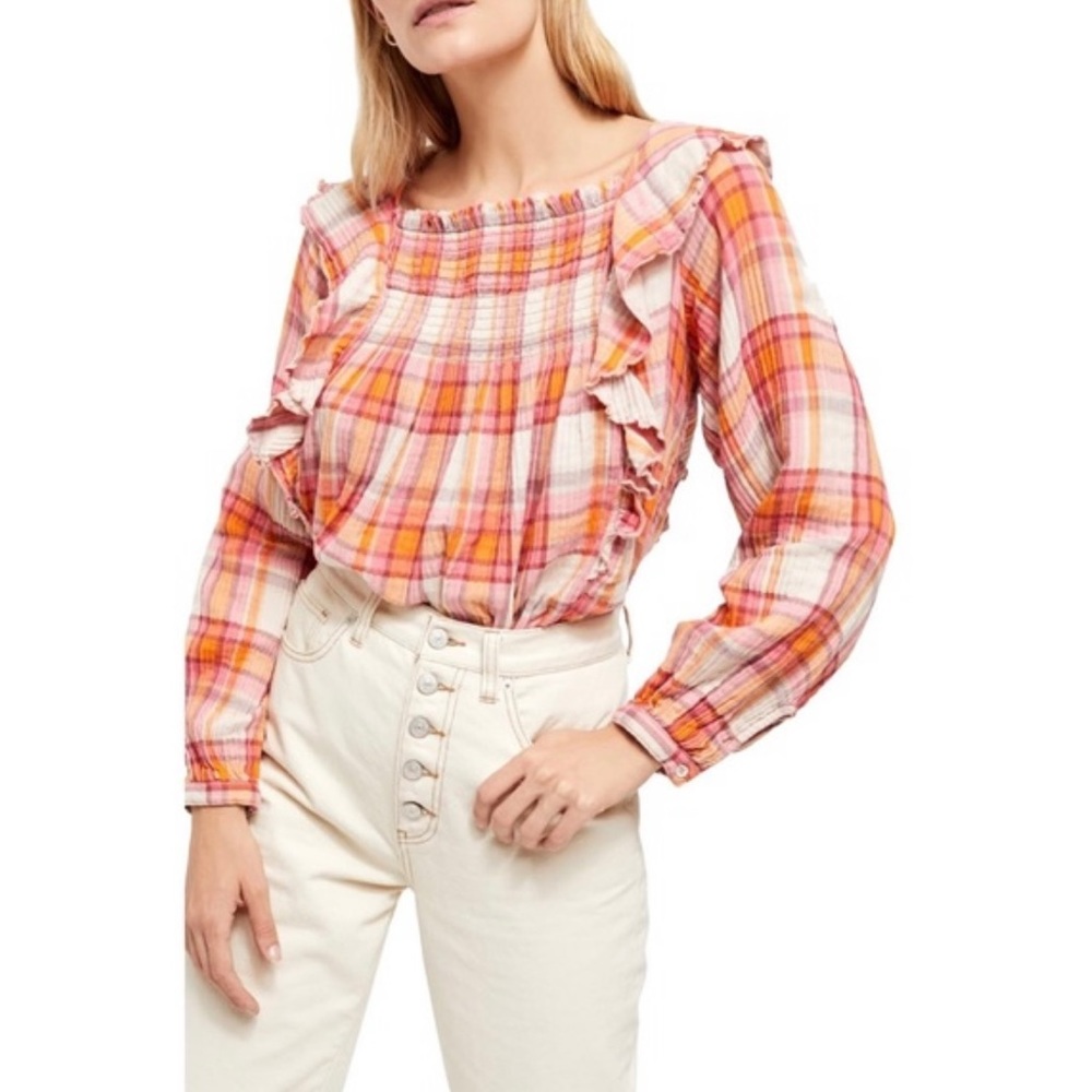 Free People Ruffle Long Sleeve Plaid Top | NWT | Pink Long Sleeve | Fall Anthro